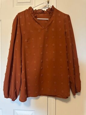 Women's Burnt Orange Ruffle-Trim Long Sleeve Blouse